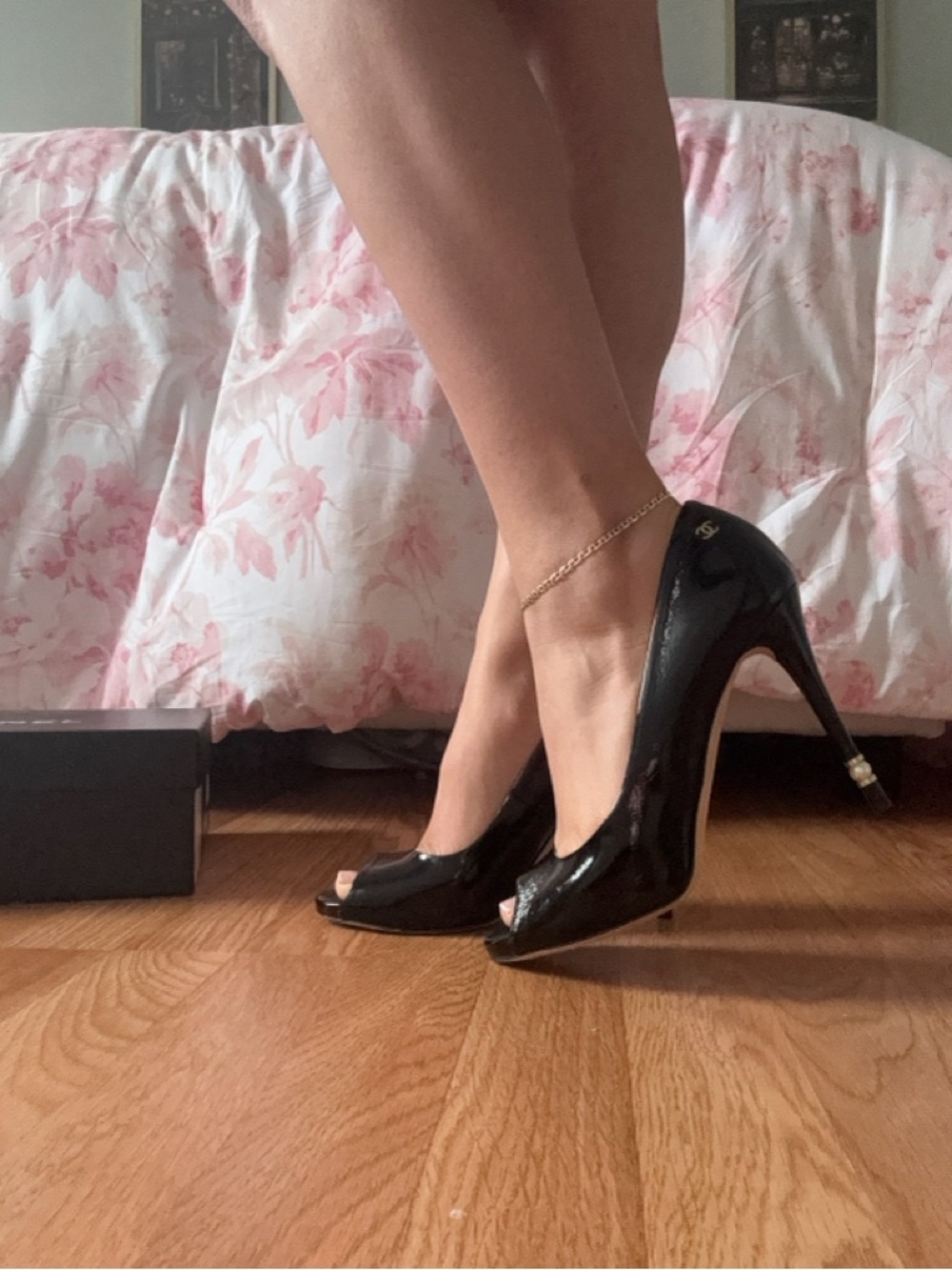 CHANEL Black Patent Leather Peep-Toe Heels - Picture 7 of 7